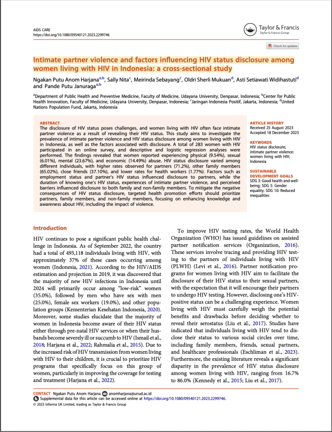 Intimate partner violence and factors influencing HIV status disclosure among women living with HIV in Indonesia: a cross-sectional study